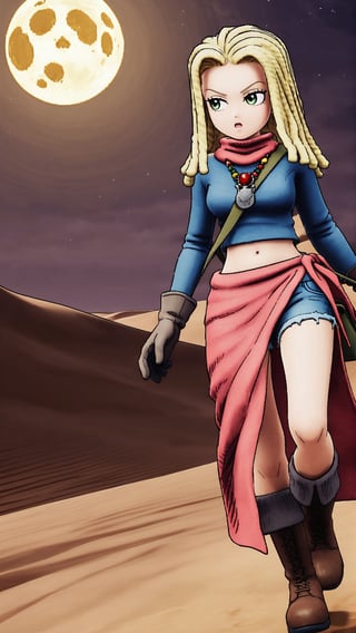 Ann, blonde hair, reggae hair style, shoulder length hair, green eyes, necklace, red scarf, blue short T-shirt, navel, blue denim short skirt, deep grey gloves, deep green bag, red sarong, brown short boots, running, in desert, at moon night