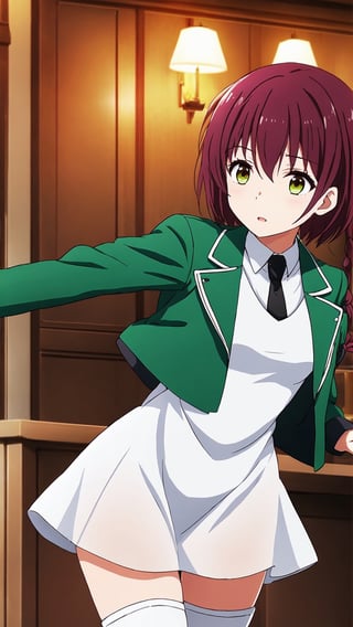 桜井水波, brown hair, short hair, left braid, brown eyes, medium breasts, green jacket, cropped jacket, open jacket, black necktie, white dress, short dress, collared dress, see-through, black thigh highs, white boots,


