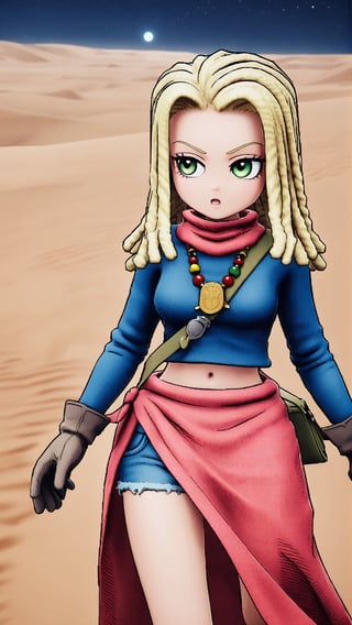 Ann, blonde hair, reggae hair style, shoulder length hair, green eyes, necklace, red scarf, blue short T-shirt, navel, blue denim short skirt, deep grey gloves, deep green bag, red sarong, brown short boots, running in desert, at moon night