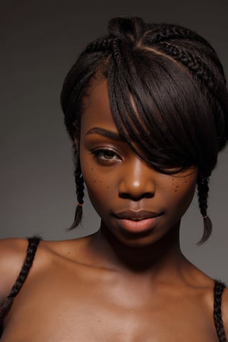 eyes covered by bangs, braids, ((((pubic hair))), dark skin, african, nigerian,

