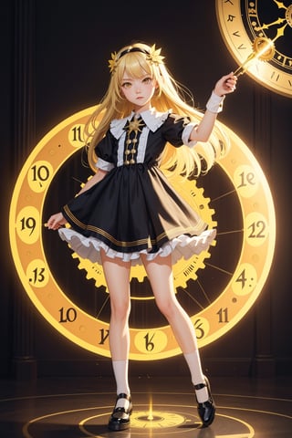 high quality, highres, 1girl, solo, (loli:0.8), (child:0.8), (flat chest:0.8), blonde hair, yellow eyes, long hair, glowing eyes, black footwear, white legwear, mary janes, gear hair ornament, indoors, analog clock, gears, magic circle
