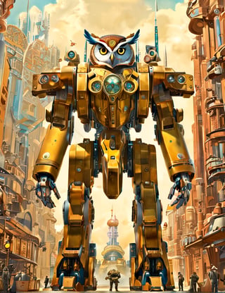 ((masterpiece)), 8k UHD, symmetrical dieselpunk warrior, giant juggernougt mecha with two legs, details and decals in the utopia city. sci - fi, by mandy jurgens, ernst haeckel, james jean An owl wearing a military uniform, vintage photo, desolate 