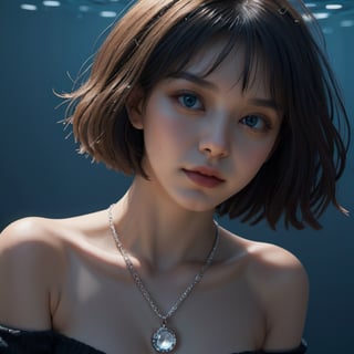 fashion photography portrait of 1girl, offshoulder, fluffy short hair, soft light, rim light, beautiful shadow, low key, (photorealistic, raw photo:1.2), (natural skin texture, realistic eye and face details), hyperrealism, ultra high res, 4K, Best quality, masterpiece, necklace, (cleavage:0.8), in the dark,underwater,Spirit Fox Pendant,shenshou