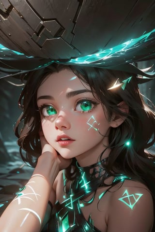 Highres, best quality, extremely detailed, area lighting in background, HD, 8k, extremely intricate:1.3), realistic, SMALL BODY, CUTE,GlowingRunes_emerald, stomach