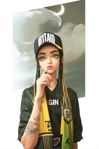 light skinned girl (colorful) with green eyes and black fade, fitted hat, portrait, tattoos, smoke, two-tone-hair, drip jacket, basketball jersey, night_sky, moon, 