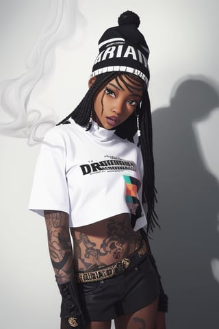 dark skinned girl (colorful) with green eyes and black braids, fitted hat, portrait, tattoos, smoke, two-tone-hair, drip jacket, 