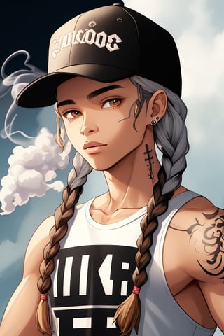 light skinned boy (colorful) with brown eyes and black braids, snapback hat, portrait, tattoos, weed-smoke
