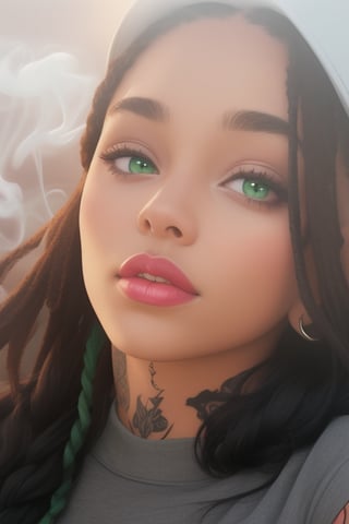 light skinned girl (colorful) with green eyes and black braids, fitted hat, portrait, tattoos, weed-smoke, two-tone-hair, 
