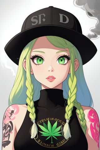 light skinned girl (colorful) with green eyes and black braids, fitted hat, portrait, tattoos, weed-smoke
