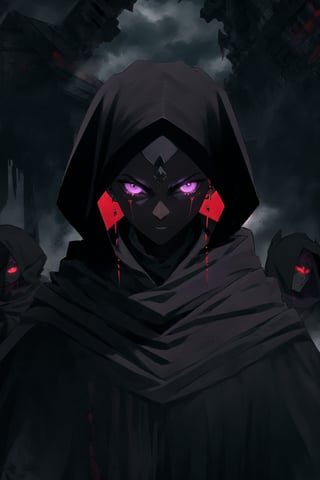 Pain, Dark skin, black spikes in the nose and ears, on the left and right sides, purple eyes with black circles (rinengan), black cloak, white clouds everywhere on the cloak, the cloak is black, but inside is red, (Pain)