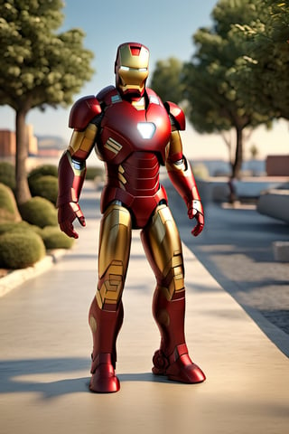 best quality, detailed texture, detailed shadows,3d style,3D render,iron man, shadow, standing, like human pose, animated, going to school, real shinning metal texture