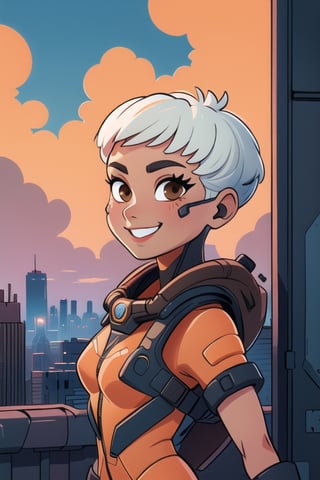 
Valk,white hair,short hair,brown eyes, orange bodysuit, smile, upper body,standing, outside,clouds,rooftop,cyberpunk, (insanely detailed, beautiful detailed face, masterpiece, best quality) solo,lofi