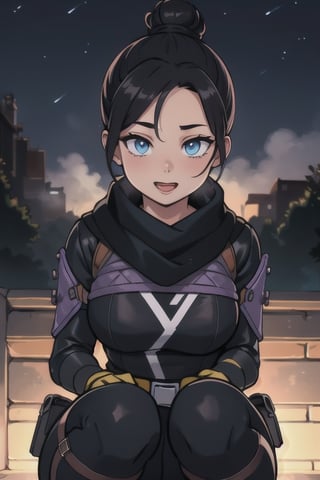 Lofi,masterpiece, best quality:1.2), , wraith (apex legends), 1girl, solo, single hair bun, hair bun, bodysuit, scarf, black bodysuit, holding, breasts, black hair, black scarf, large breasts, blue eyes, belt, brown belt, bangs, parted bangs, hair behind ear, gloves, nose piercing, black gloves, thigh strap, squatting, open mouth, smile, looking at viewer, outdoors, night, fog, sitting in tree,
