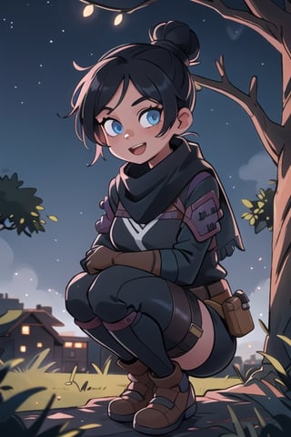 Lofi,masterpiece, best quality:1.2), , wraith (apex legends), 1girl, solo, single hair bun, hair bun, bodysuit, scarf, black bodysuit, holding, breasts, black hair, black scarf, blue eyes, belt, brown belt, bangs, parted bangs, hair behind ear, gloves, nose piercing, black gloves, thigh strap, squatting, open mouth, smile, looking at viewer, outdoors, night, fog, sitting in tree,
,Girl