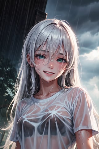 white t-shirt ,sweet face,happy smile,art photo,happy photo,green lighting eyes,sweat,dark lighting,lovely looking,lovely seeing,(ultra long hairs:1.2),realistic photo style,(wet rain:1.2),(storm:1.2),real human photo,