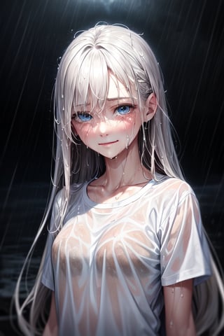 white t-shirt ,sweet face,sad smile,art photo,happy photo,blue lighting eyes,sweat,dark lighting,lovely looking,lovely seeing,(ultra long hairs:1.2),realistic photo style,(wet rain:1.2),(storm:1.2),tears,