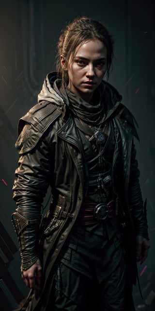 An assassin's creed character, hood, classic ninja attire. Integrate sleek, form-fitting fabrics with neon lights and digital patterns, Black, silver, and neon colors like electric blue and magenta. Use materials like high-tech polymers and carbon fiber, Digital wristband with holographic interface, energy blade, and cloaking device embedded in the suit, neutral grey background, masterful painting in the style of Anders Zorn | Marco Mazzoni | Yuri Ivanovich, Aleksi Briclot, Jeff Simpson, digital art painting style