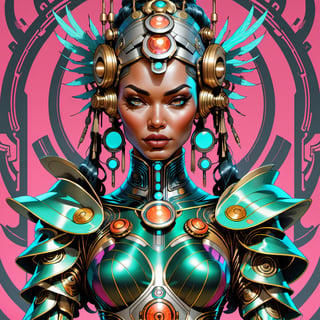 beautiful female evil cyborg druid android queen, ultra realistic, concept art, intricate details, 8k, art by todd mcfarlane and artgerm and greg rutkowski and alphonse mucha,dfdd,vaporwave style,oni style,steampunk style,cyberpunk style, psychedelic, trippy, colorful