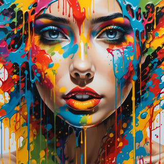 beautiful young woman, detailed, sharp focus, colorful, ,dripping paint