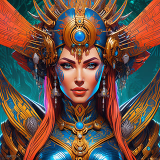 beautiful female evil cyborg druid android queen, ultra realistic, concept art, intricate details, 8k, art by todd mcfarlane and greg rutkowski,oni style,cyberpunk style, psychedelic, trippy, insanely colorful, vibrant colors, sharp focus, intricate iris, symmetrical,Leonardo Style