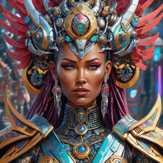 beautiful female evil cyborg druid android queen, ultra realistic, concept art, intricate details, 8k, art by todd mcfarlane and greg rutkowski,oni style,cyberpunk style, psychedelic, trippy, insanely colorful, vibrant colors, sharp focus, intricate iris,Leonardo Style,greg rutkowski,cyborg style