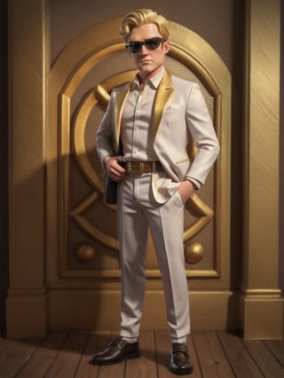 ((full body):1.5), spy agent man, elegant, has blonde hair, wearing elegant white suit with golden details, has a golden pistol in hand, 16k, high quality, high details, UHD, masterpiece, red background