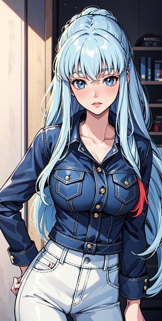 long hair, blush, blue eyes, sexy, blue hair, white hair, multicolored hair, denim_pants, braid,upper body, denim jacket,c.c.