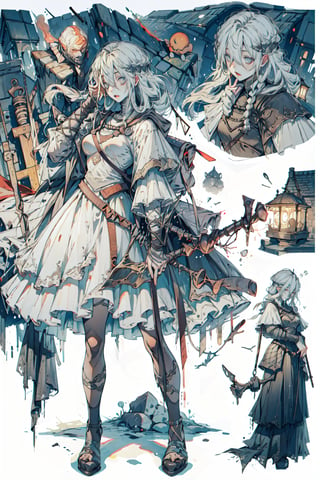 masterpiece, high quality, weapon,blind, firekeeper,night, gothic, hair between eyes, best quality, scenery,( full body, upper body, ), building, absurd res,fishnets, original costume, mid breast