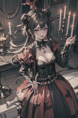 3d, gothic , vampire ,blood-red eyes, romanticism, ornate chandelier, dim candlelight, reds and blacks, symbolism, kodomo and gothic, aerial view, gothic, clamp style, vampire, princess,eyes, 