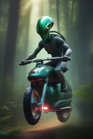 Alien riding a hoverbike in the forest