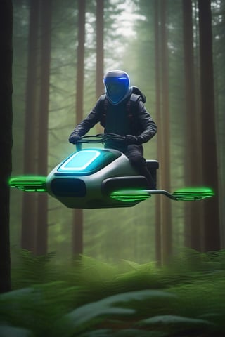 Human riding a hoverbike in the forest 