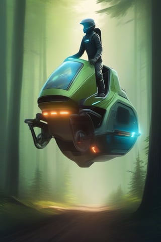 Human riding a hoverbike in the forest 