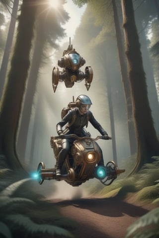 Human riding a hoverbike in the forest, single character, cyborg style, steampunk style,HZ Steampunk, body parts, highly detailed, octane render, cinematic, insanely detailed octane render, highly detailed, vibrant, production cinematic character render, ultra high quality model, perfect composition, beautiful detailed intricate