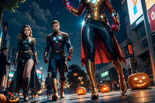 masterpiece, top-quality, top-quality, Beautifully Aesthetic:1.2, (8k, RAW photo, photorealistic:1.25), Halloween night,  Ironman, Spider-Man, Captain America, Hulk, Wanda, Ant-Man, Black Panther, Thor, Black Widow, Doctor Strange, Star-Lord, Rocket (Raccoon), Groot, Vision, Hawkeye, high detailed, (gentle smile:1.2),  
BREAK 
((The Avengers are in full force:1.2)), 
((Walking At the middle of very crowded Shibuya Scramble Crossing decorated with Halloween decorations at late night:1.2)), (Full body shot:1.1), (From below:1.3),