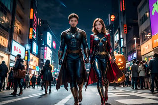 masterpiece, top-quality, top-quality, Beautifully Aesthetic:1.2, (8k, RAW photo, photorealistic:1.25), Halloween night,  Ironman, Spider-Man, Captain America, Hulk, Wanda, Ant-Man, Black Panther, Thor, Black Widow, Doctor Strange, Star-Lord, Rocket (Raccoon), Groot, Vision, Hawkeye, high detailed, (gentle smile:1.2),  
BREAK 
((The Avengers are in full force:1.2)), 
((Walking At the middle of very crowded Shibuya Scramble Crossing decorated with Halloween decorations at late night:1.2)), (Full body shot:1.1), (From below:1.3),