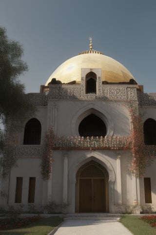 Arabic building with a dome, trees, flowers (innocent grey) 