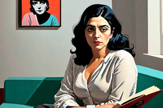 In the style of Marjane Satrapi and David Hockney,  Cinematic Realism, seated woman and a book
