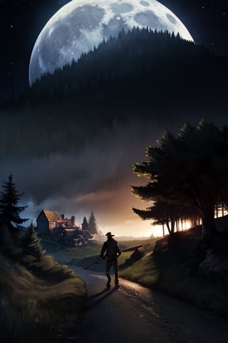 Silhouette of a photo realistic  weary traveling man wearing a hat and carrying a shepherd's crook against a dark moonlit night. Dense forest shaddows to his left and right. Rolling hills in background, with illuminated village at foot of hills