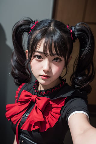 photorealistic, masterpiece, best quality, raw photo, 2_girls, long hair, long twintails, bright black eyes, detailed eyes and face, full body portrait,  dynamic lighting, in the dark, deep shadow, low key, moametal, asian girl, babymetal style, red tutu, Su-metal face, pure, metalqueen, kneesocks, japanese girl, red