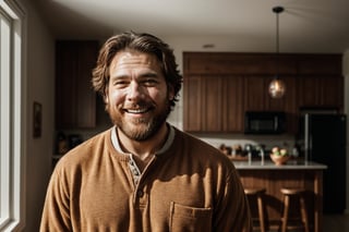 a smiling man with brown reddish beard, daughter, in the side composition, squares his hand, standing, in the home, complementary color grading, commercial photography, commercial lighting, photography, realistic