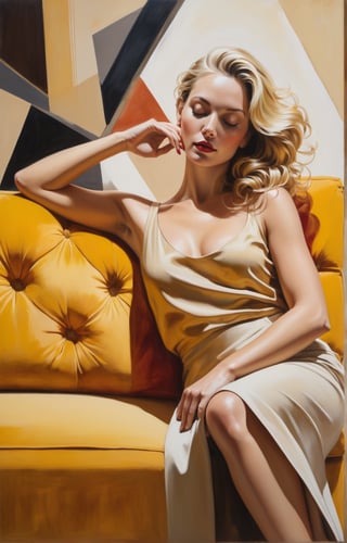 by Studiomente A captivating realistic painting featuring a woman reclining on a plush mustard yellow sofa. The woman is dressed red in an elegant, light-colored garment that accentuates her figure, with her blonde hair cascading down her shoulders and her eyes closed in a peaceful slumber. The serene expression on her face conveys a sense of tranquility, while her body's diagonal positioning across the sofa adds a touch of dynamism. The muted background of browns and beiges enhances the warmth and subdued tones of the painting, making it a stunning portrayal of relaxation and comfort. Created by the talented artist Studiomente Creativamente., foto