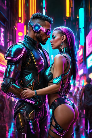 Generate hyper realistic image of a cyberpunk couple enjoying a vibrant night in the futuristic cityscape. Their bodies adorned with neon cybernetic enhancements, they revel in the glow of holographic billboards, dancing amidst the bustling nightlife.upper body