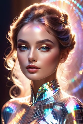 Captured in a close-up portrait, a woman exudes the elegance and sophistication of a holographic heiress, her features bathed in the soft glow of virtual glamour. Holographic projections dance around her face, casting a shimmering aura of opulence and luxury. There's a sense of timeless beauty in her expression, as if she's a living embodiment of grace and refinement in the digital age.