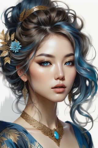 Beautiful sexy Japanese elf girl, concept art, 8k intricate details, surreal fairytale style, head tilt, upper body, oversized detailed {blue|haze|} eyes, looking down, seductive, textured hair, simple {charcoal|white} background, soft muted pastel colored pencil illustration, intricate gold filigree necklace, from side, multicolored {brown|black|white} hair, wispy curled hair, style of Carne Griffiths, (unfinished sketch), extremely high detail,midjourney,1 girl,Mysticstyle