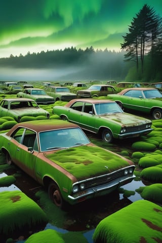 A captivating photograph of an eerie, abandoned parking lot teeming with life. Rusted cars, coated in a lush layer of green algae and moss, blend with their surroundings like living creatures. The sky overhead is tinged with a vibrant, hazy green light, casting an ethereal glow on the scene. This striking image captures the fleeting nature of human presence and the relentless power of nature as it reclaims its domain., photo, cinematic, vibrant