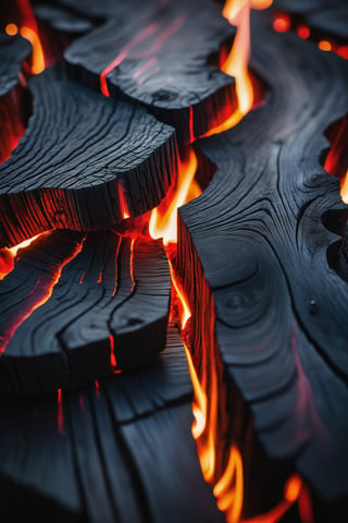 Close-up shot of charred black wood, intense lighting highlighting vivid red streaks resembling burning embers, casting a mesmerizing glow on the intricate grain patterns. The wooden surface features a detailed design, vibrant colors evoking a cinematic atmosphere, mysterious and intriguing, capturing attention with its unique appearance.