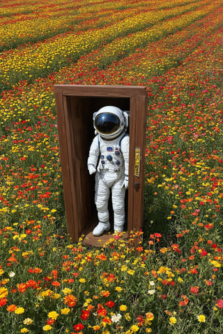 isheye lens, a beautiful flower field, with vibrant blooms stretching as far as the eye can see,Person on the other side of the door, Astronaut,(close Visor), Nestled among the flowers is an unexpected sight a wooden door, clearly made of lightweight material like cardboard or balsa wood, standing upright amidst the blossoms. Despite its humble construction, the door is adorned with intricate carvings and painted with vivid colors, adding to its whimsical charm,astronaut_flowers