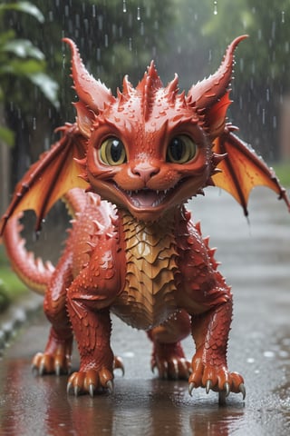 (Ultra-high resolution of the highest quality), (8k RAW photos in the highest quality, Hyper Real Masterpiece), Best Quality, Masterpiece, wall paper, Official Art, astonishing, finely-detail, Extremely delicate and beautiful, Extremely detailed, highly detailed, Sharp focus, rich background, (real-life portrait photography), Create stunning image of a baby red dragon running in the rain, side photo, beautiful cat, cute cat, 8k ultra, detailed, gothic style, (Speckled light and shadow, Depth of field)