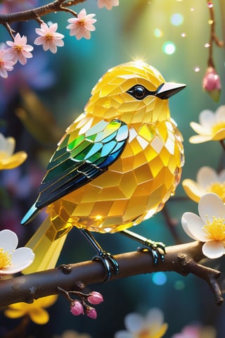 a cute yellow bird, bird made of crystals, iridescent feathers made of small glasses, detailed, best quality, standing on a small branch, spring flowers in bloom, sunlight, warm colors,firefliesfireflies,YAMATO,nodf_lora