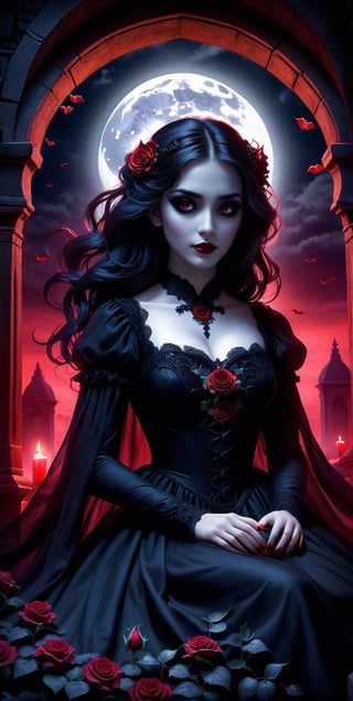 In the dark of night, under the light of the moon's glow, a girl in gothic style sits among ancient tombs. Her black dress, as well as her gloomy makeup, add to the mystical atmosphere. Red rose petals swirl around her like ghosts of departed souls, and the moon emphasizes the pallor of her skin. In the distance can be seen the dark silhouette of a bat, the harbinger of nothingness. This image creates a sense of terror and fear, heightened by the dark shadow and shimmering petals, reminding us of the brevity of life and the inevitability of fate.
A painting of the highest quality, a true masterpiece, full vision and frontal view. Dark, shadowed eyes and dark hair, intricate details, highly detailed eyes and mouth, cinematic image illuminated by soft light, a photograph of perfect eyes on a dark background.